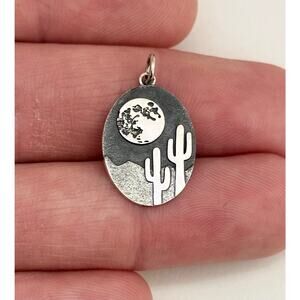 Sterling Silver Full Moon with Cactus Charm